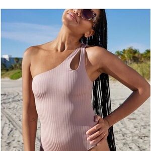 Aerie One-Shoulder Ribbed Swim One Piece - Light Pink